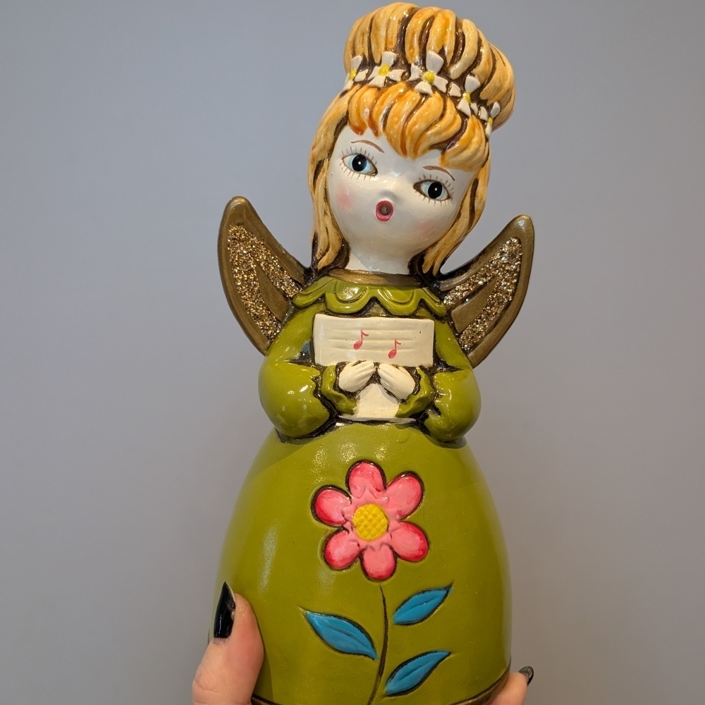 Vintage "Singing" Angel Made In Japan Green With Pink Flower